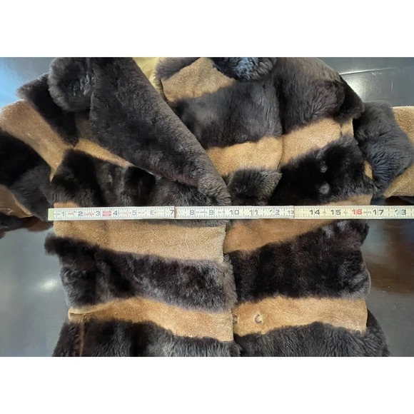 Vintage 70s Mouton Fur Long Coat Suede Stripe Shearling Retro Boho Glam XXS READ - Picture 14 of 16
